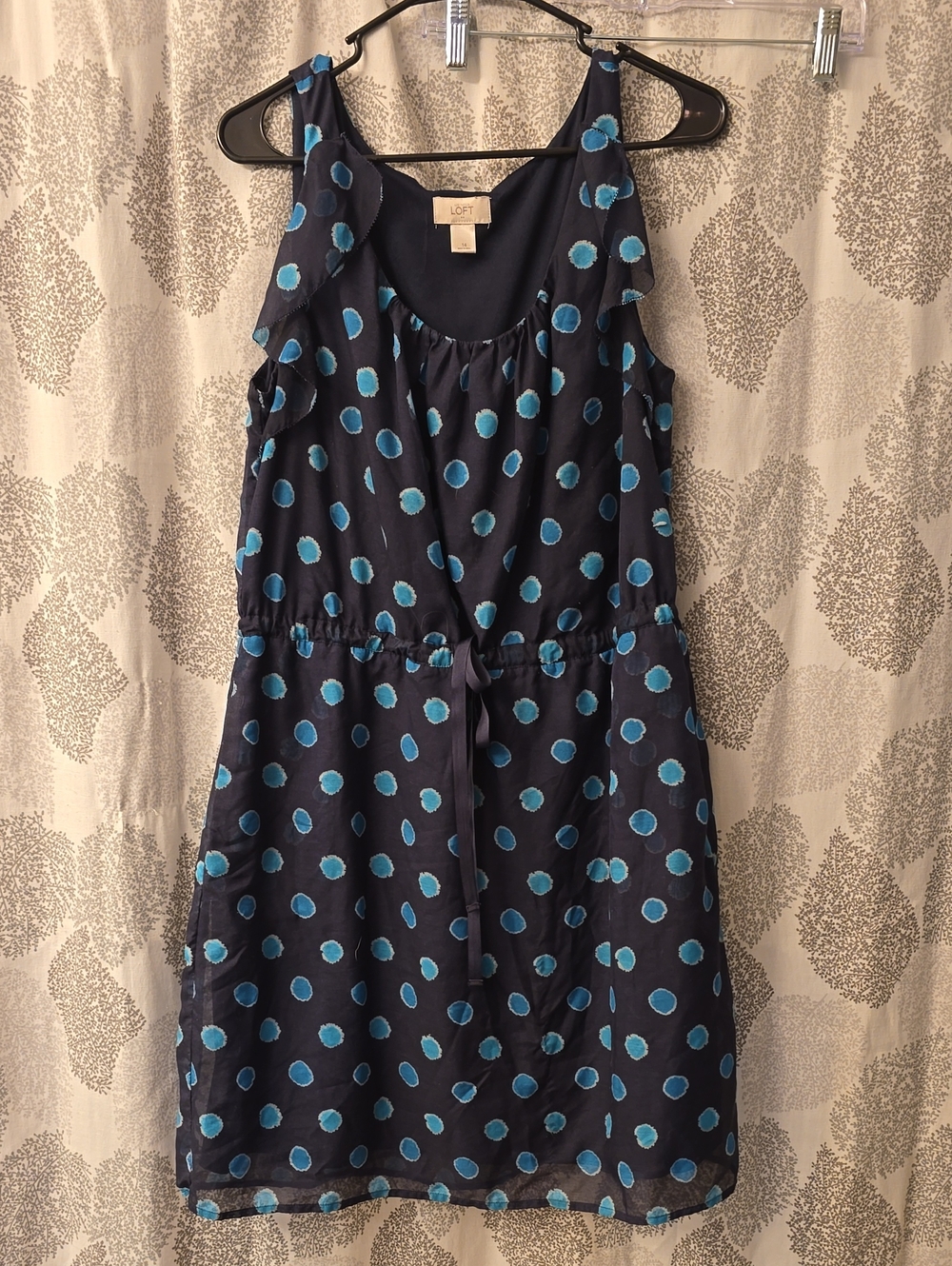 LOFT Navy Midi Dress with Turquoise Polka Dots and Ruffle Shoulders